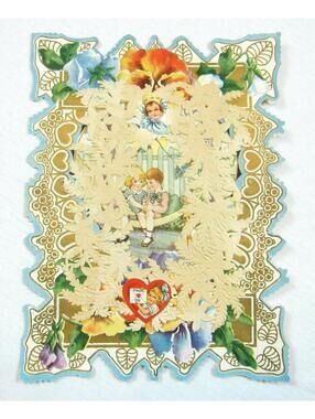 Vintage Valentine XL Girl Boy Hammock Dog Ship Diecut Paper Lace UNSIGNED 1920s